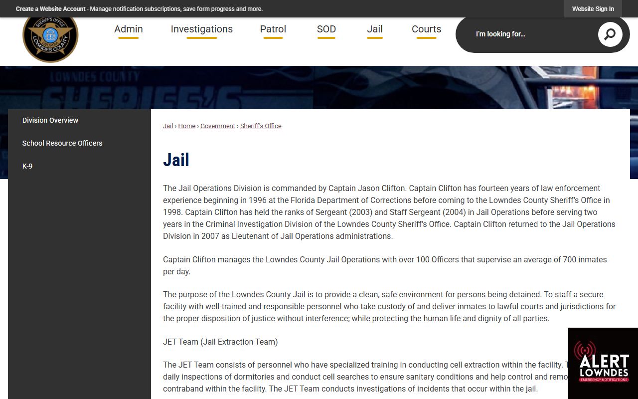 Lowndes County Jail official inmate population and capacity page