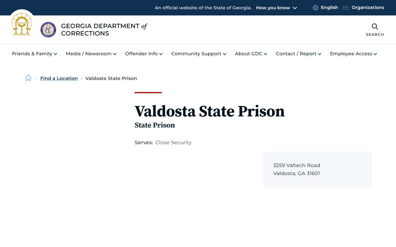 Georgia Department of Corrections facility page for Valdosta State Prison