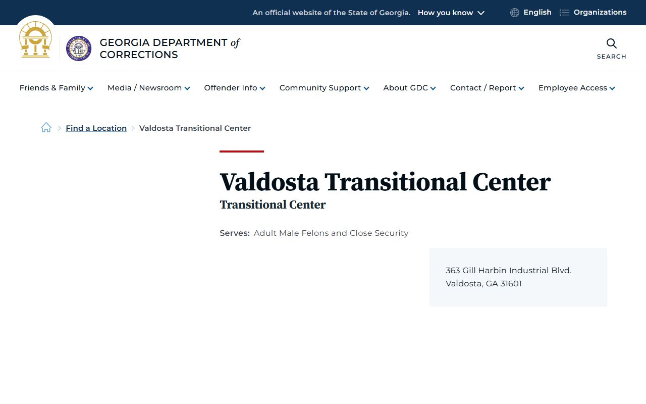 Georgia Department of Corrections facility page for Valdosta Transitional Center
